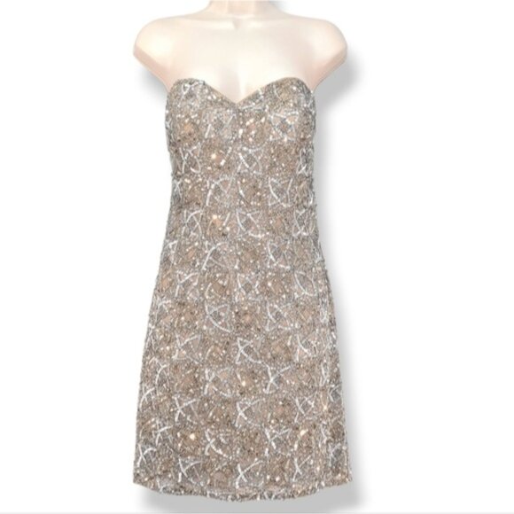 SCALA Silk Strapless Sequin Beaded Cocktail Mini Dress Style 48322 Lead Grey - Picture 2 of 13